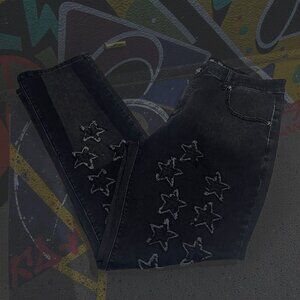 Rebel Vengeance Men 36 Straight Black Star Embroidered Jeans Punk Street Skate